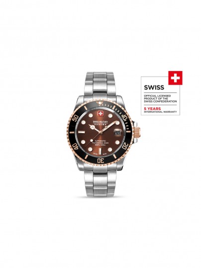 SWISS MILITARY HANOWA Sealord je automatski ronilački sat sa datumom, vodootporan do 200m, sa braon brojčanikom i safirnim staklom.