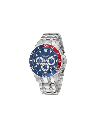 Muški NAUTICA NAPNSS504 sat: kućište od čelika 44mm, teget brojčanik sa crvenim akcentima, kvarcni hronograf. Sportski stil, 100m vodootpornost.