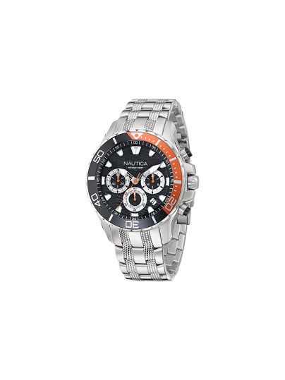 Muški NAUTICA NAPNSS503 sat: čelično kućište 44mm, crni brojčanik, hronograf, narukvica od nerđajućeg čelika. Sportski stil za svaki dan.