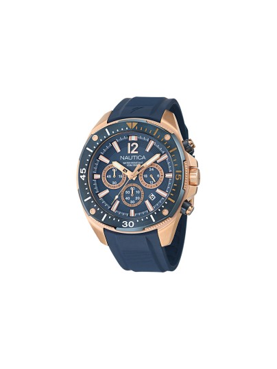 NAPBSS503 NAUTICA sat: rosegold kućište, teget brojčanik i kaiš, kvarcni hronograf, 100m vodootporan. Sportska elegancija uz reciklirani čelik.