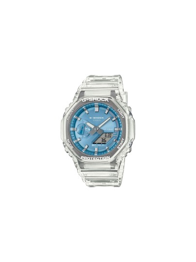 GA-2100BM-7A2ER G-SHOCK muški sat: oktagonalno kućište, svetloplavi brojčanik, neon osvetljenje. Providan dizajn, vodootporan 200m, urbano izdanje!