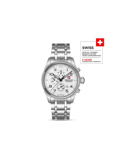 SWISS MILITARY HANOWA THUNDERBOLT CHRONO NORTHERN NIGHT BOX SET SMWGI0005701-SET – Swiss Made muški hronograf koji spaja preciznost i moderan dizajn. Ističe se belim brojčanikom sa zelenim luminescentnim efektom nalik polarnoj svetlosti, kućištem od nerđajućeg čelika i safirnim staklom. Ovaj ekskluzivni set uključuje čeličnu i dodatnu crnu kožnu narukvicu, uz kvarcni mehanizam Ronda 3540D i vodootpornost do 100 metara.