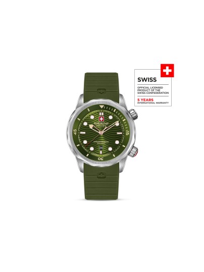 SWISS MILITARY HANOWA BREAKWATER SMWGN0006402 – Swiss Made muški sportski sat dizajniran za avanture pod vodom i na kopnu. Kućište od nerđajućeg čelika prečnika 43 mm i maslinasto zeleni brojčanik sa talasastim uzorkom daju mu robustan, a sofisticiran izgled. Maslinasto zelena silikonska narukvica pruža udobnost i sigurnost, dok safirno staklo, kvarcni mehanizam Ronda 505 i vodootpornost do 300 metara obezbeđuju pouzdanost u svim uslovima.