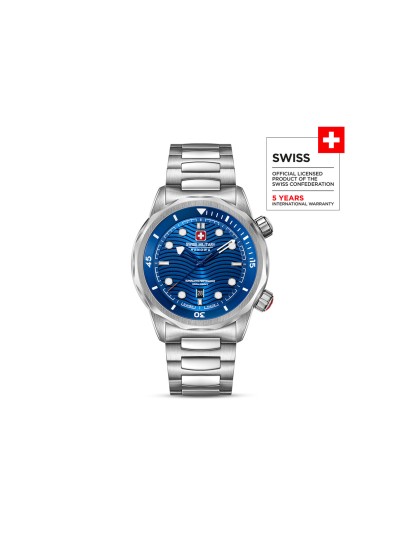 SWISS MILITARY HANOWA BREAKWATER SMWGH0006403 – Swiss Made muški sportski sat dizajniran za ekstremne uslove i dubine do 300 metara. Kućište od nerđajućeg čelika prečnika 43 mm, gradijentno plavi brojčanik sa talasastim uzorkom i safirno staklo pružaju savršenu kombinaciju funkcionalnosti i stila. Sat poseduje dve krunice sa zavrtnjem za podešavanje vremena i ronjenja, kao i kvarcni mehanizam Ronda 505 sa funkcijom datuma.