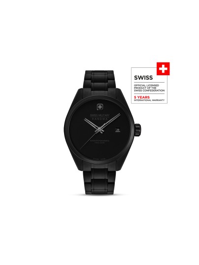 SWISS MILITARY HANOWA PIONEER STEALTH SMWGH0004130 – Swiss Made muški sat minimalističkog dizajna iz ekskluzivne Stealth capsule kolekcije. Sat odlikuje potpuno crni izgled – kućište i narukvica od nerđajućeg čelika, crni brojčanik i safirno staklo. Kvarcni mehanizam Ronda 515 sa funkcijom datuma i vodootpornost do 100 metara čine ga savršenim spojem elegancije i funkcionalnosti.