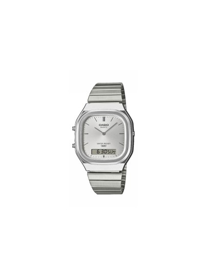 CASIO VINTAGE AQ-240E-7AEF – elegantan unisex analogno digitalni sat koji spaja prepoznatljiv retro dizajn i savremene funkcije. Kućište i narukvica od nerđajućeg čelika u boji srebra, uz srebrni brojčanik, stvaraju sofisticiran monohromatski izgled. Sat poseduje prikaz druge vremenske zone, štopericu, alarm, automatski kalendar i 12/24h format. Lagan, izdržljiv i vodootporan za svakodnevnu upotrebu – idealan izbor za ljubitelje klasičnog Casio stila.