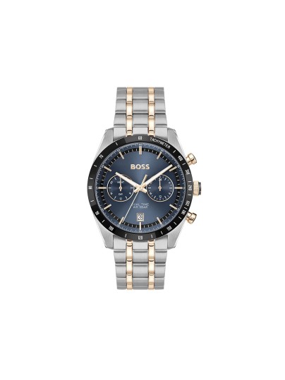 BOSS TOURMASTER 1514288 – muški dual time sat sa plavim “panda” brojčanikom i tahimetrom. Kućište od nerđajućeg čelika u boji srebra sa plavom koronom i narukvica u kombinaciji srebra i roze zlata. Elegantni retro dizajn sa savremenim detaljima.