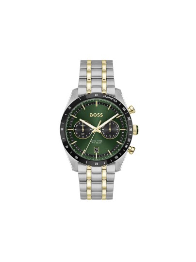 BOSS TOURMASTER 1514287 – muški dual time sat sa zelenim “panda” brojčanikom i tahimetrom. Kućište od nerđajućeg čelika u boji srebra, narukvica u dve boje srebro/žuto zlato i kupolasto staklo. Spoj retro inspiracije i moderne sofisticiranosti.