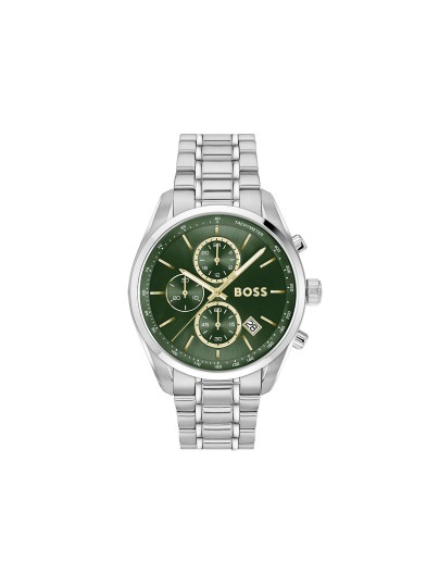 BOSS GRAND PRIX 44 1514266 – muški sportsko-elegantni hronograf izrađen od nerđajućeg čelika u boji srebra sa luksuznim zelenim brojčanikom i zlatnim detaljima. Inspirisan trkama, sa integrisanom narukvicom od pet karika i vodootpornošću od 50m.