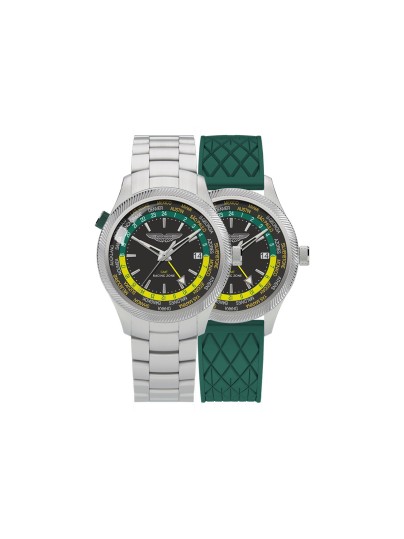 Aston Martin MTIZ1F503 – luksuzni muški GMT box set sat sa dve narukvice: čeličnom u boji srebra i silikonskom u prepoznatljivoj zelenoj Aston Martin boji. Crni brojčanik sa detaljima u podijum zelenoj i limeta boji ističe sportsko nasleđe i sofisticiran dizajn.