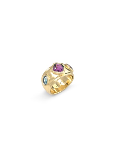 Stilski upečatljiv Guess MAMOUNIA prsten u žutom zlatu sa vibrantnim raznobojnim kristalima. Moderan i elegantan izbor. Veličina 56.