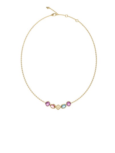 Guess MAMOUNIA ženska ogrlica u boji žutog zlata, ukrašena raznobojnim kristalima i elegantnim 4G krugom. Moderan i vibrantan aksesoar za svaki stil.