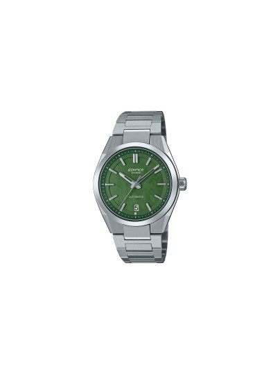CASIO EDIFICE EFK-100D-3AER – automatski sat u boji srebra sa brojčanikom u zelenoj boji, kreiran za ljubitelje automobilskog dizajna visokih performansi. Brojčanik sa teksturom u stilu kovanog karbona, safirno staklo otporno na ogrebotine i aerodinamično kućište sa podignutim indeksima, odražavaju motosport inspiraciju i snažan karakter. Providna poleđina kućišta otkriva sofisticirani mehanički mehanizam sa rezervom snage od 40h, dok vodootpornost do 100m čini ovaj sat pouzdanim pratiocem u svim uslovima.