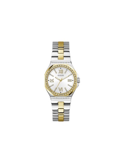 Guess Empress ženski sat u kombinaciji srebra i žutog zlata sa belim brojčanikom i rimskim brojevima. Osmougaono kućište 34 mm. Naruči online!