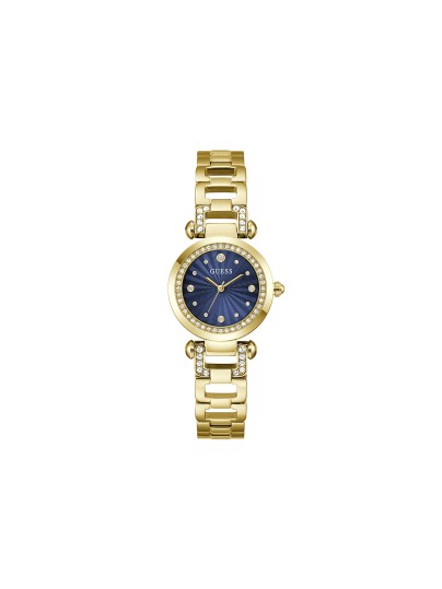 Guess GINGER ženski sat u boji žutog zlata sa plavim sunray brojčanikom i cirkonima. Prečnik 30 mm i kvarcni mehanizam. Naruči online!
