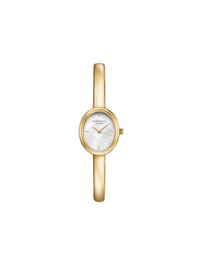 Ženska Rosefield BANGLE narukvica u boji žutog zlata sa elegantnim ovalnim dizajnom i belim sedefom. Naruči online!