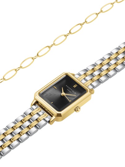Ženski Rosefield Octagon XS sat sa oktagonalnim kućištem u boji žutog zlata i narukvicom od nerđajućeg čelika. Elegantan dizajn. Naruči online!