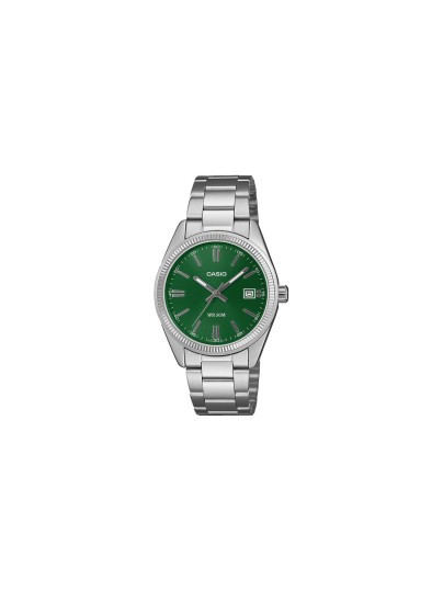 Casio Timeless unisex sat sa zelenim brojčanikom i srebrnim kućištem od 35 mm. Prikaz datuma i vodootpornost do 50 m. Naruči online!