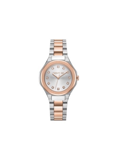 Cerruti 1881 Lucardo. Dvobojni ženski sat (srebro/roze zlato) sa srebrnim brojčanikom. Kristali na markerima i minimalistički dizajn za prefinjen stil.