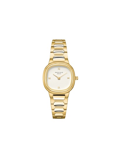 Rosefield Gaia XS. Ženski sat u zlatnom tonu. Malo retro kućište (25mm), bež brojčanik i elegantna metalna narukvica.
