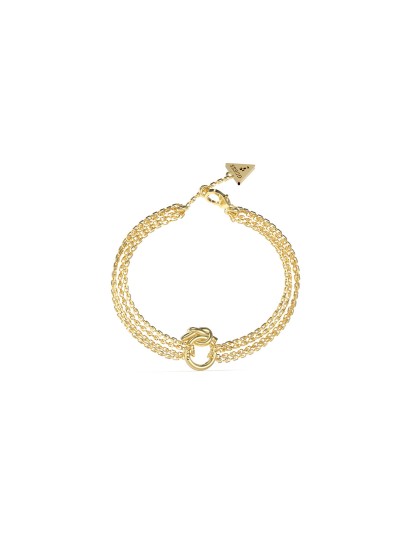 Simbol neraskidive veze. Efektna narukvica sastavljena od više lančića koji se spajaju u centralni motiv čvora. Izrađena od čelika u luksuznom zlatnom tonu.