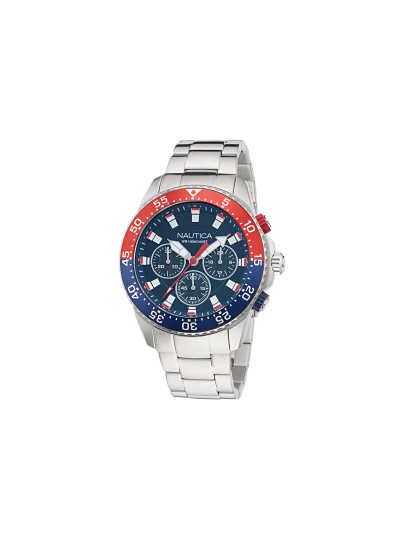 Nautica One muški hronograf sa teget brojčanikom, čeličnom narukvicom i kućištem od recikliranog nerđajućeg čelika. Sportski dizajn i vodootpornost do 100m.