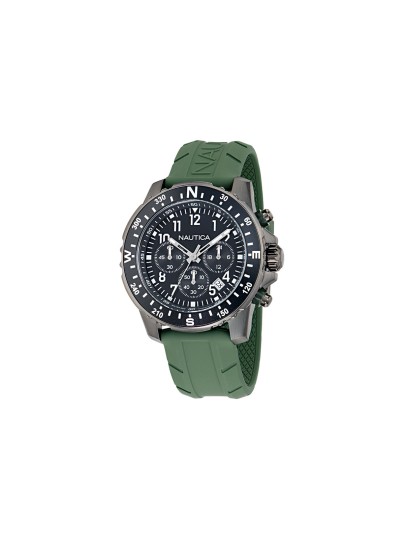 Nautica Riding Sail muški hronograf sa crnim kućištem i maslinasto zelenom silikonskom narukvicom. Sportski dizajn i vodootpornost 100 m.