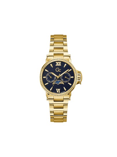 Gc Moon Chic ženski sat sa teget brojčanikom i funkcijom mesečevih mena. Kućište u boji žutog zlata sa cirkonima i švajcarski mehanizam. Naruči online!