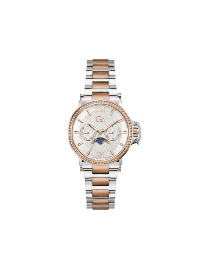 Gc Moon Chic ženski sat sa funkcijom mesečevih mena i kućištem u kombinaciji srebra i roze zlata sa cirkonima. Safirno staklo i elegantan dizajn. Naruči online!