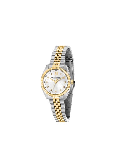 Ženski Karl Lagerfeld Timeless Code sat u dve boje sa srebrnim brojčanikom i cirkonima. Moderan i elegantan dizajn. Naruči online!
