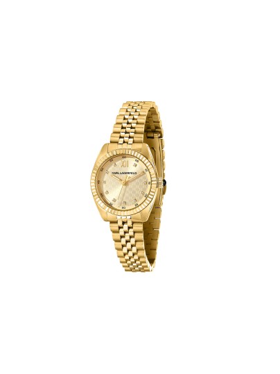 Ženski Karl Lagerfeld Timeless Code sat u boji žutog zlata sa cirkonima. Kvarcni mehanizam i elegantan sofisticiran izgled. Naruči online!