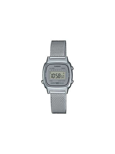 Elegantan CASIO Vintage LA670WEM-7EF ženski sat mini dimenzija. Srebrni ton sa mesh narukvicom, 7 predefinisanih tajmera i retro digitalnim stilom.