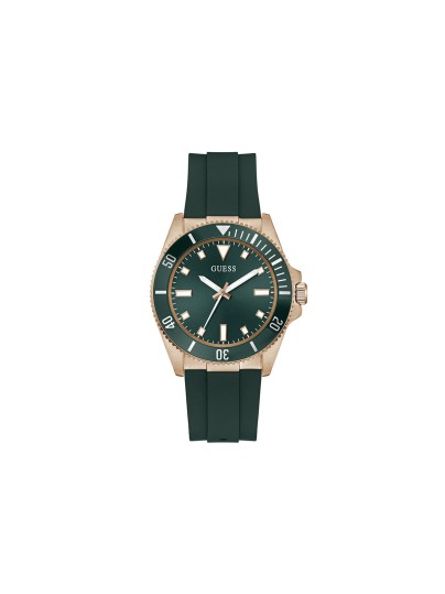 GUESS Cliff GW0969G5 muški sportski sat. Kućište u boji roze zlata od 43mm sa zelenom koronom i zelenom silikonskom narukvicom. Vodootporan do 50m.