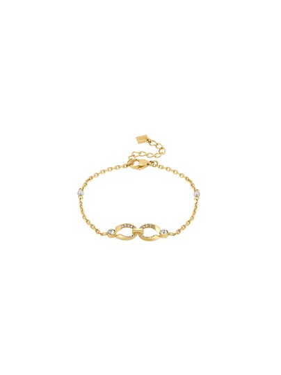 Elegantna CERRUTI 1881 Celeste ženska narukvica u zlatnom tonu sa logotipom C, cirkonima i biserom. Podesiva dužina 17+3,5cm od nerđajućeg čelika.