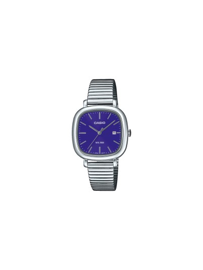 Ženski analogni sat Casio sa kućištem i narukvicom od nerđajućeg čelika. Elegantnog dizajna sa teget brojčanikom i prikazom datuma. Kupite odmah!