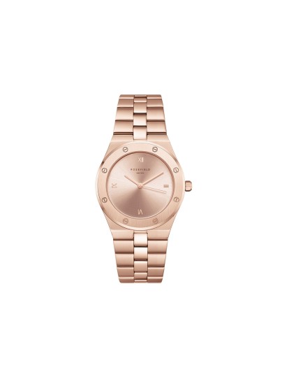 Ženski analogni sat Rosefield sa mesing kućištem i nerđajućom čeličnom narukvicom u boji roze zlata. Elegantan i precizan kvarcni mehanizam. Kupite odmah!