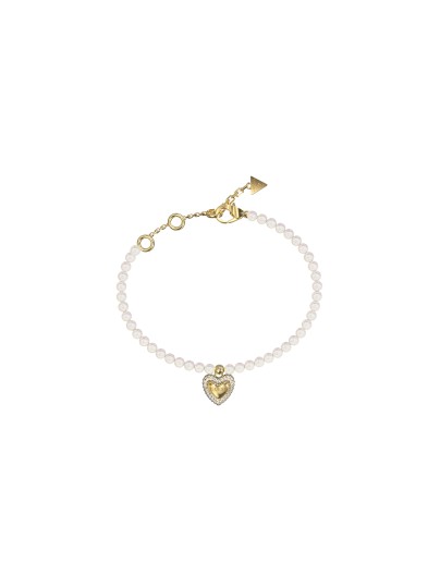 Ženska narukvica od nerđajućeg čelika u boji žutog zlata sa bisernim perlama i srcem sa cirkonima. Elegantna i podesiva. Kupite odmah online!