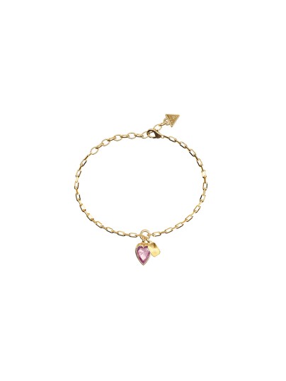 Ženska Guess narukvica u boji žutog zlata sa roze srcem od cirkona. Podesiva veličina i elegantan dizajn. Naruči online!