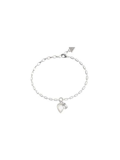 Ženska Guess narukvica u srebrnoj boji sa privescima srca i logotipa. Nerđajući čelik i elegantan, ženstven dizajn. Naruči online!