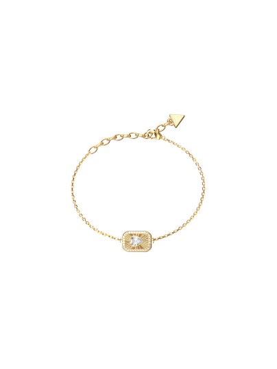 Ženska Guess narukvica u boji žutog zlata sa srcem i cirkonima. Podesiva veličina i elegantan, ženstven dizajn. Naruči online!