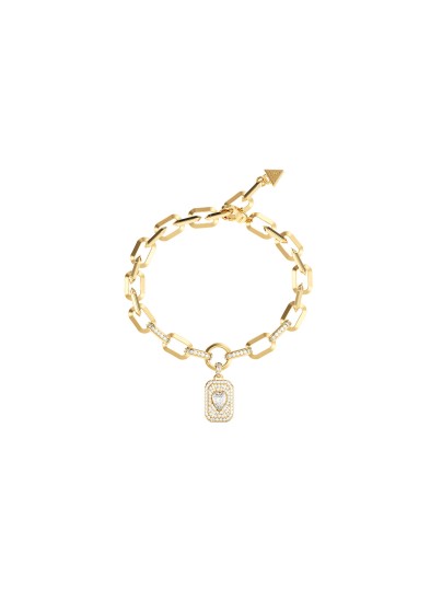 Ženska Guess narukvica u boji žutog zlata sa srcem od cirkona. Nerđajući čelik i elegantan, romantičan dizajn. Naruči online!